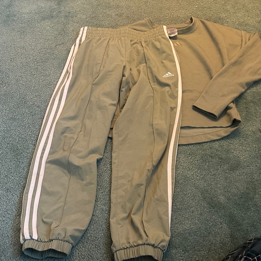 Adidas Kids Sage Green Joggers with White Stripes